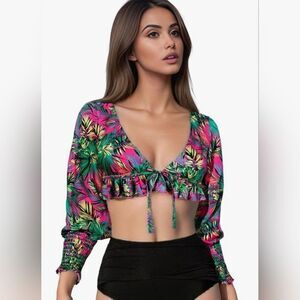 ⏭️NWOT Tropical Floral Tie Crop Long Sleeve Swim Top Medium